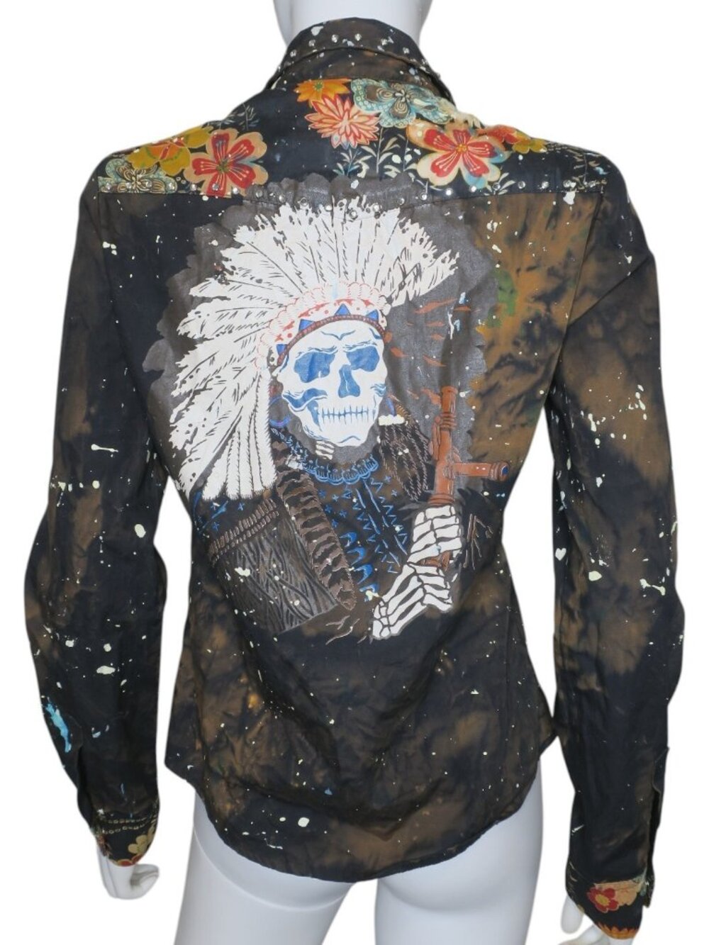 Vintage GRAIL Pearl Snap Shirt Distressed Paint Splat Indian Chief Skull SM/MED